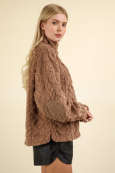 VERY J Cozy Fuzzy Fleece Half Zip Sweatshirt with Cable Knit & Corduroy Accents - Warmth & Style Combined